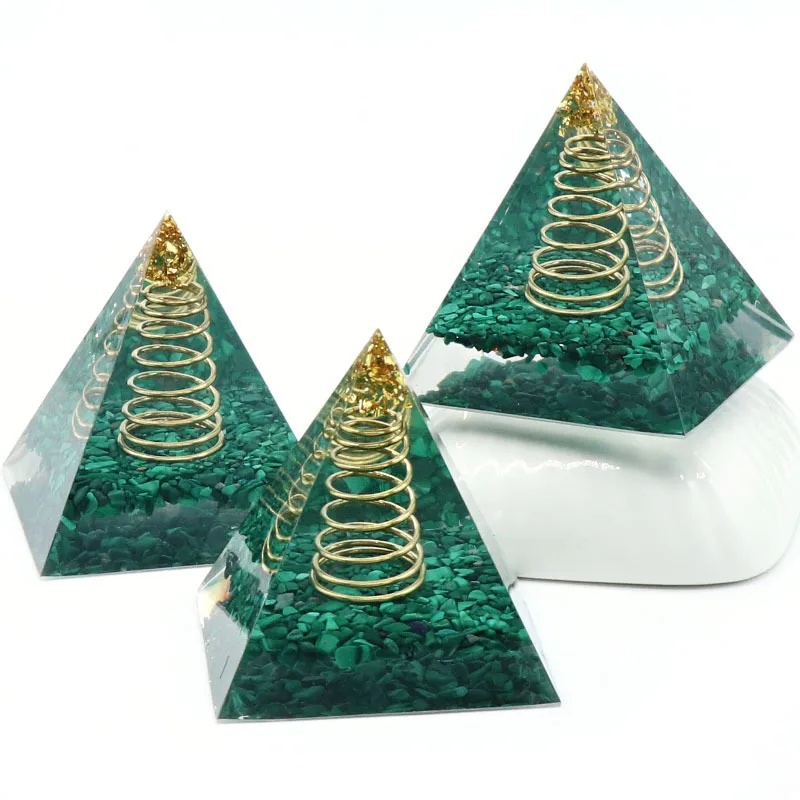 Energy Crystal Stone Pyramid Ornament 6cm Natural Malachite Turquoises Gold Foil Pyramid Healing Reiki Home Decoration