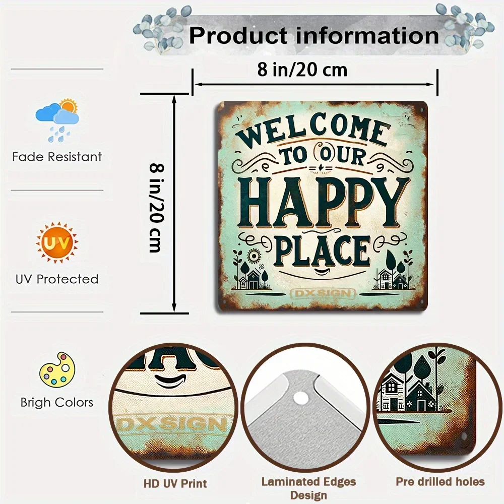 1pc Rustic Sign Welcome to Our Happy Place Metal Tin Sign 8x8 Inch Charming Vintage Wall Art Family Home  Antique Farmhouse