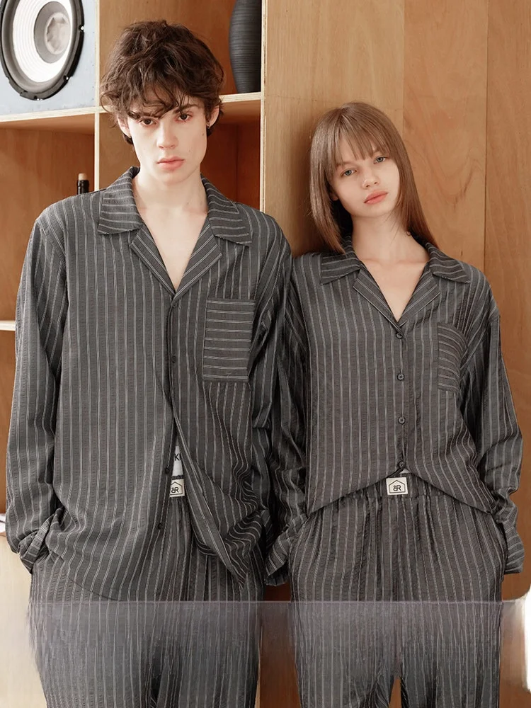 

Minimalist Striped Puff Cotton Sleepwear Home Clothes for Men Youth Long Sleeve Button up Couple Outfit All Seasons Wear