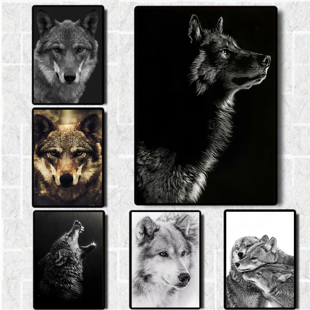 

Black White Wolf Deer Animal Print Art Canvas Poster For Living Room Decor Home Wall Picture