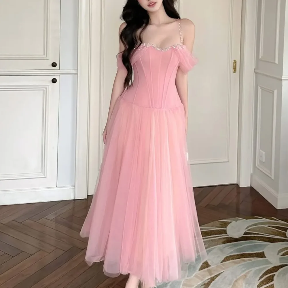 สีชมพูTulle Off-Shoulderชุดราตรีหรูหราอย่างเป็นทางการParty Prom Gownsข้อเท้า-ความยาวA-Lineชุดราตรีชุดราตรีที่กําหนดเอง 2025