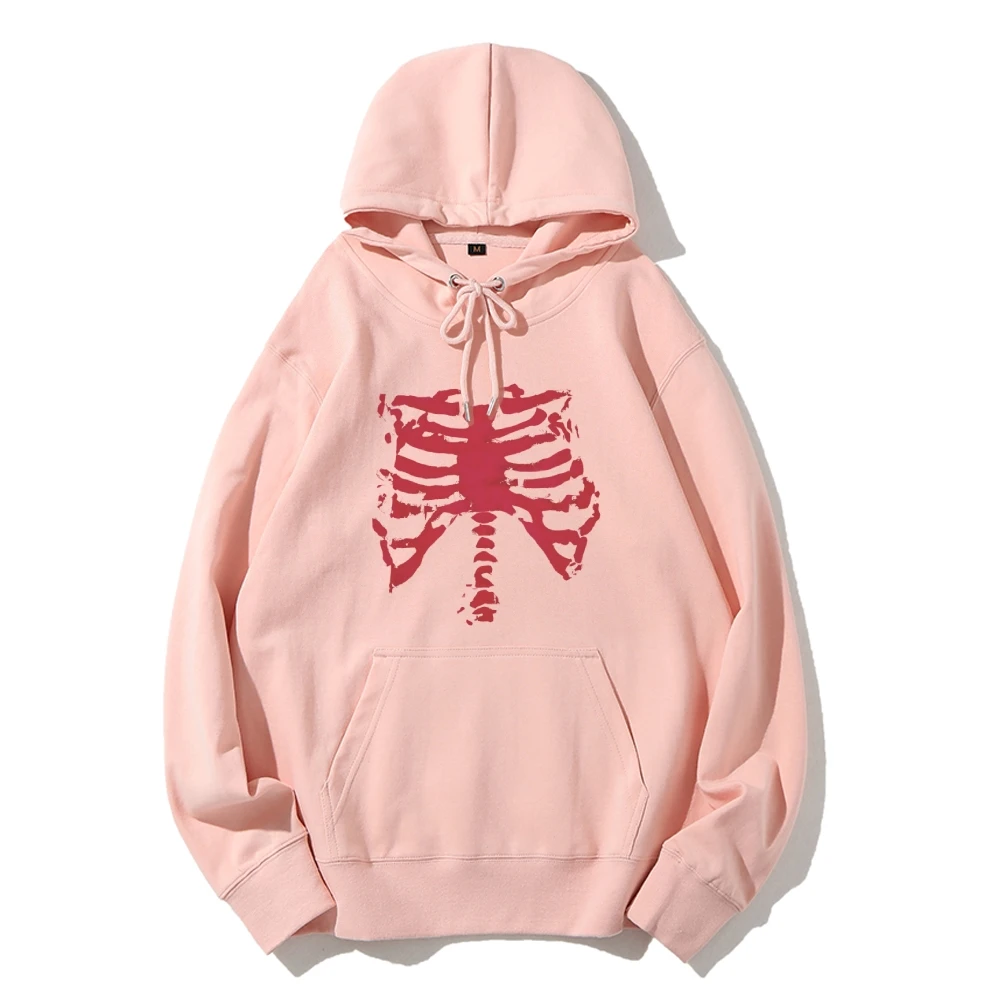 

Pink Rib Bone Skeleton Halloween Stylish Hoodie Women’s Autumn Winter Sweatshirt Pullovers Comfort Colors Long Sleeve Shirt