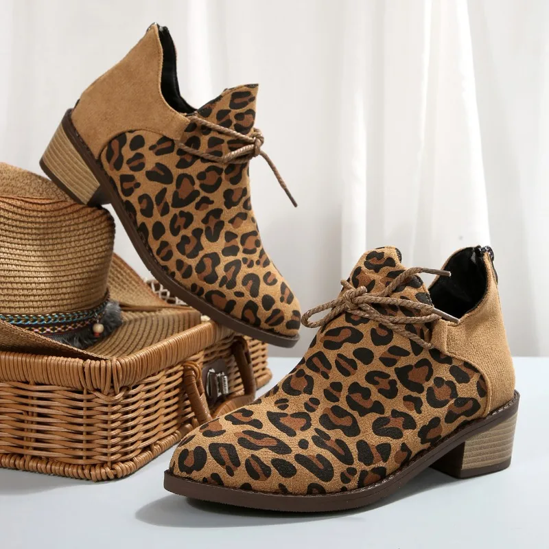 Large Leopard Print Single Shoe New Round Toe Deep Cut Lace Up Casual Height Increasing Short Boots
