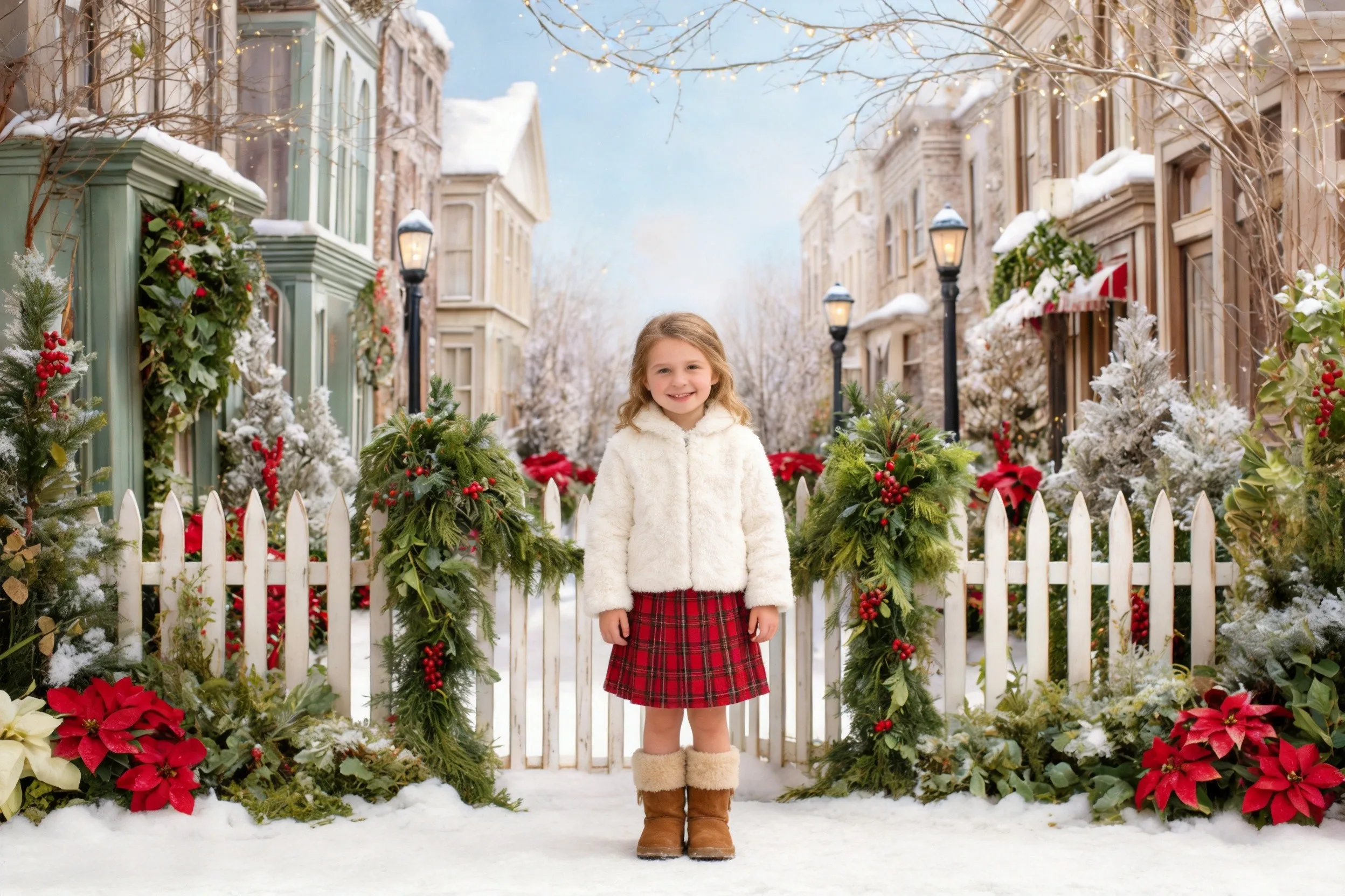 Christmas Snowy White Picket Fence With Green Garlands Red Poinsettias For Family Kids Winter Photo Backr
