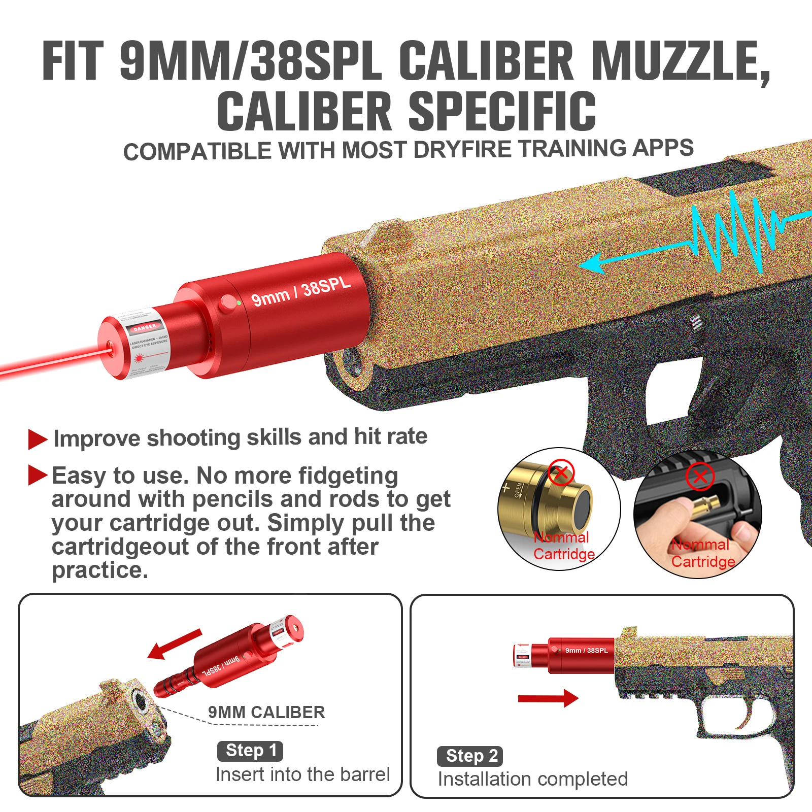 Pistola y rifle láser de fuego seco 9mm/38SPL herramienta de entrenamiento láser - accesorios de caza entrenamiento tiro calibración.