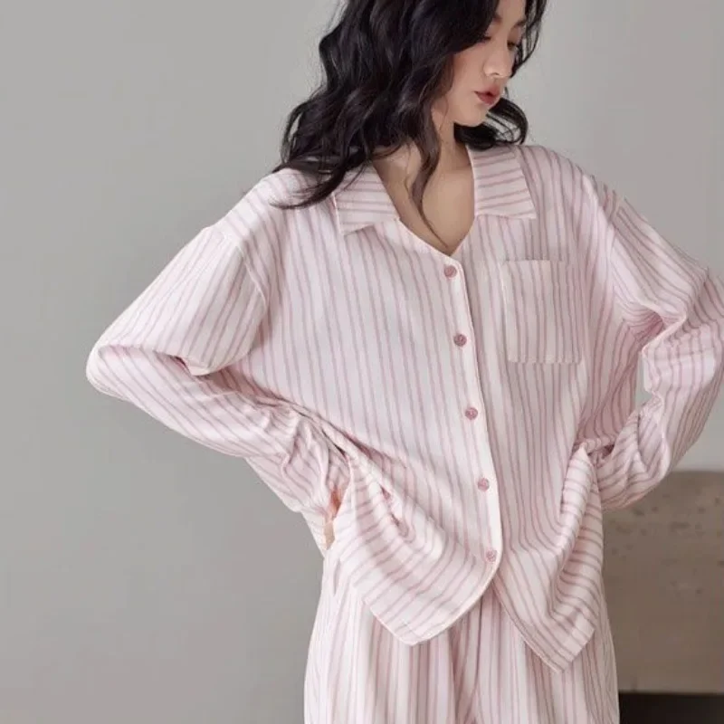 

Striped Pajamasr Women Spring Autumn New Loungewear Cardigan Long Sleeved Cotton Sleepwear Lace V-neck Casual Homewear Simple