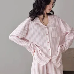 Striped Pajamasr Women Spring Autumn New Loungewear Cardigan Long Sleeved Cotton Sleepwear Lace V-neck Casual Homewear Simple
