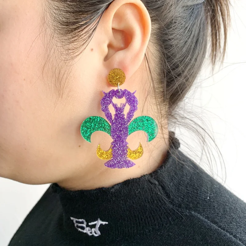 Mardi Gras Fleur De Lis król ciasto Crawfish usta maska Jester kapelusz laserowo wycinane akrylowe kolczyki dla kobiet