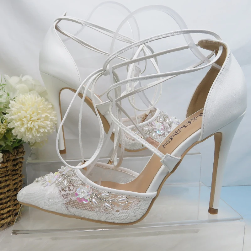 Bling scarpe da sposa moda sandali donna tacco sottile perla cristallo abito da sera scarpe donna pompe alte cinturino alla caviglia punta a Highe