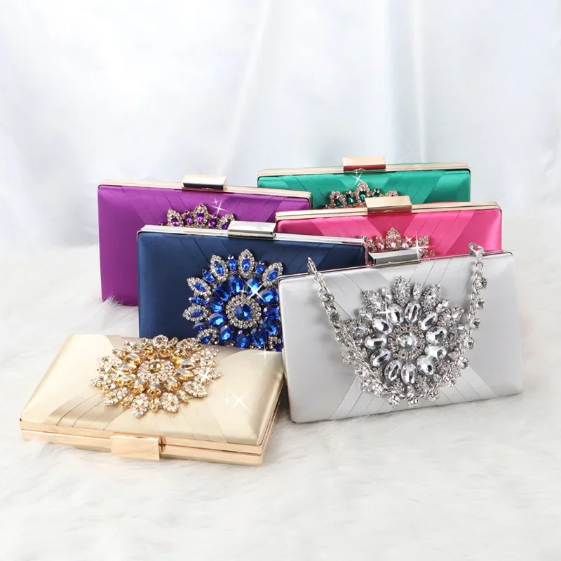 Retro Blue Satin Evening Bags For Women Classic Fashion Crystal Diamond Flower Clutches Square Handbags Prom Party Purses Clutch