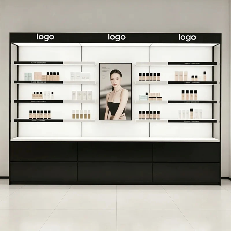 custom.High-Quality Customized Cosmetic Display Cabinet，Suitable beauty salons、Commercial，Black/White cosmetic and ski