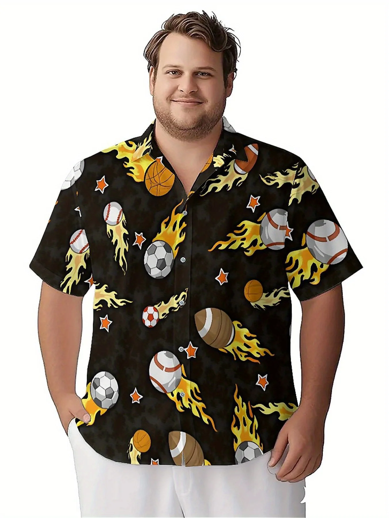 Men's Plus Size Hawaiian Shirts Flame Basketball and Football pattern, Unisex Aloha Shirts,New in Summer Tops Tee,streetwear