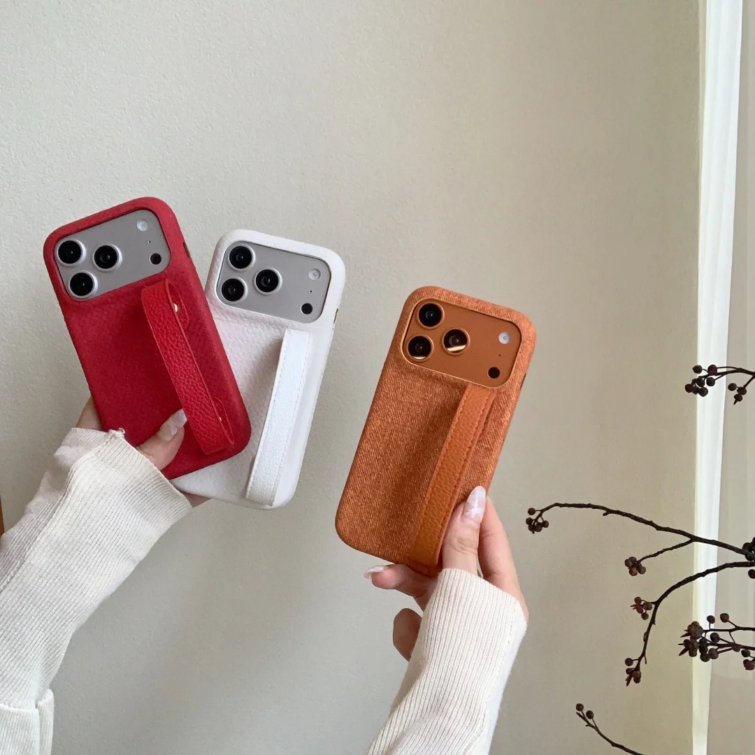 

Solid color linen knit fabric leather Wrist strap portable Phone Case For iPhone 12 13 14 15 16 17 Pro Max 16 Pro Cover