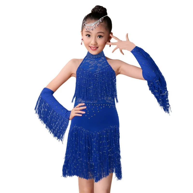 Girls' Lace Skirt, Latin Dance Tassel Dress, Competition Uniform, Performance Dancewear Set with Glove