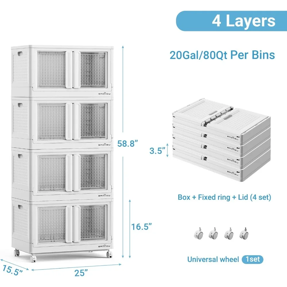 320Qt Storage Bins with Lids, 80Gal Plastic Stackable Collapsible Storage Bins with Doors and Wheels, Closet Organizers