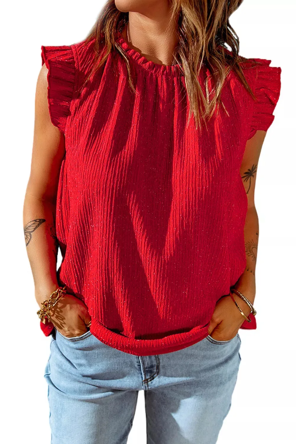 2024 Summer Women's Red Ruffle Sleeve Sprinkled Gold Round Neck Vintage Casual Lined Blouse Shirt Blouse Ladies Fashion T-shirt