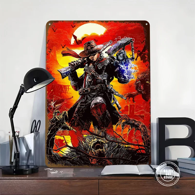 Evil West Game 3D Printed Texture Poster Personalized Wall Art Retro Metal Tin Signs for Room Decorations Man Wand Deko Decor