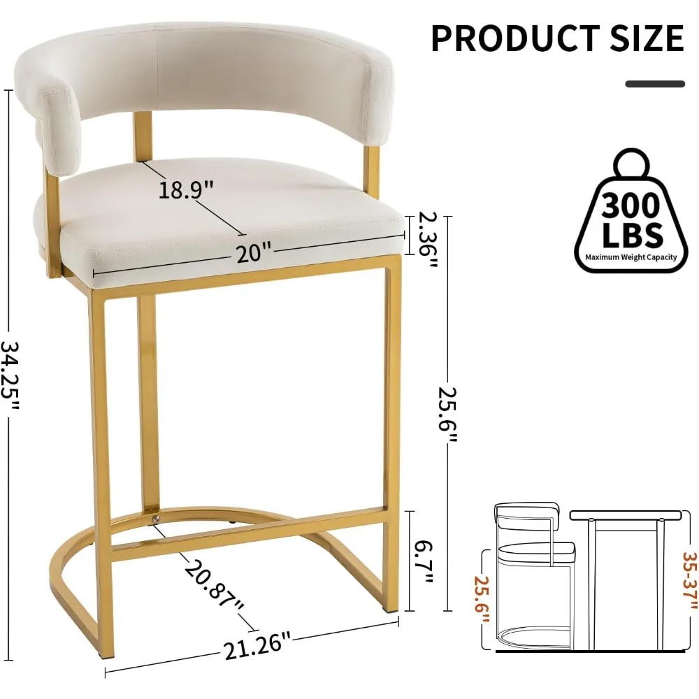 Par de bancos de bar de veludo bege com encosto de cano, assentos estofados, apoios para os pés dourados - 25,6 altura do assento
