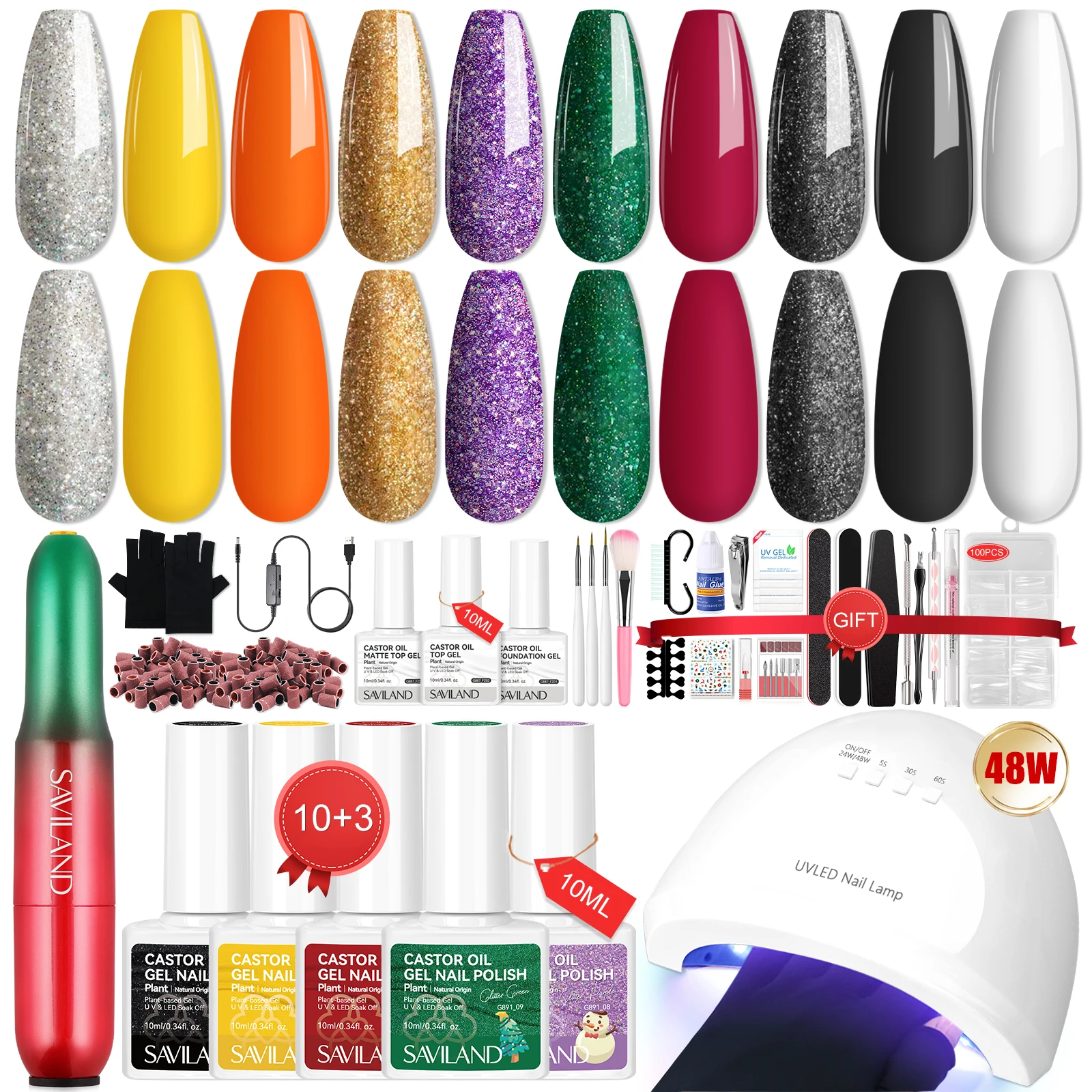 Saviland 10 Kerstkleuren Gel Nagellak Kit met Elektrische Nagelboormachine 48W UV Licht UPF 200 + Handschoenen Base Top Gel Set