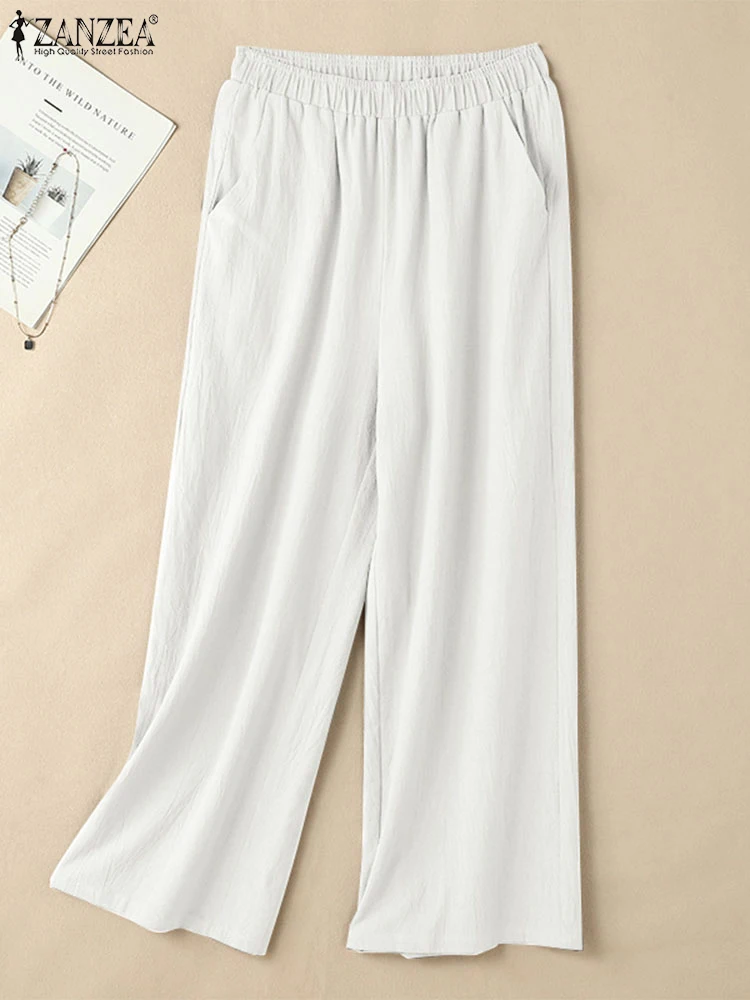 ZANZEA Fashion Straight Trousers Women Long Pants 2024 Spring Korean Style Pantalons Casual Solid Color Elastic Waist Bottoms