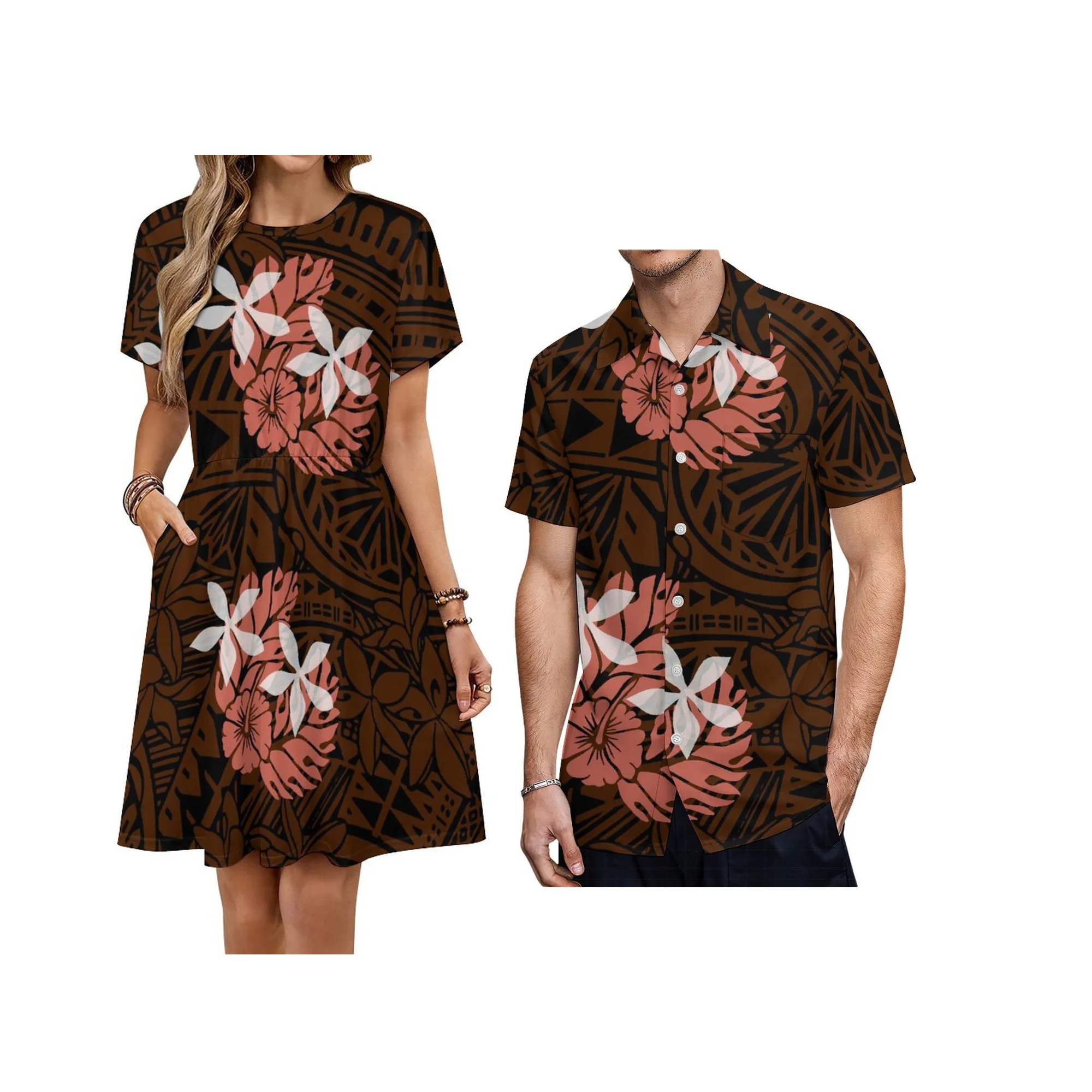 Free Shipping Polynesian Print Design Women Summer Knee Length Dress Custom Samoan  Crew Neck Short Sleeve Island Dress