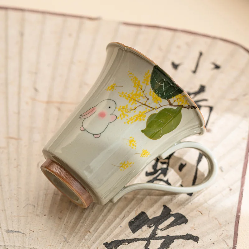 Hand Painted Moon Rabbit Floral Rim Ceramic Mug Master Coffee Cup with Handle for Women Home Office Gift