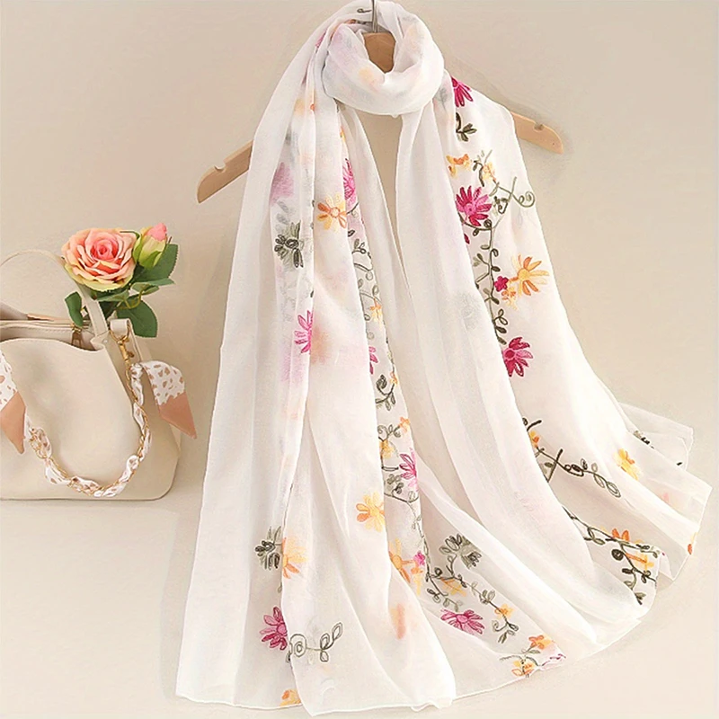 2024 Women Foulard Gradient Embroidered cotton and linen  Scarf Bandana Elegant Long Shawl Hijab Summer Sun Protection