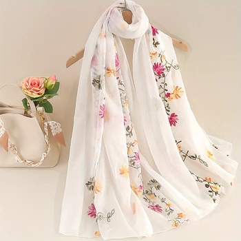 2024ผู้หญิงFoulard Gradientปักผ้าฝ้ายและผ้าลินินผ้าพันคอผ้าพันคอElegantยาวผ้าคลุมไหล่Hijabฤดูร้อนSun Protection