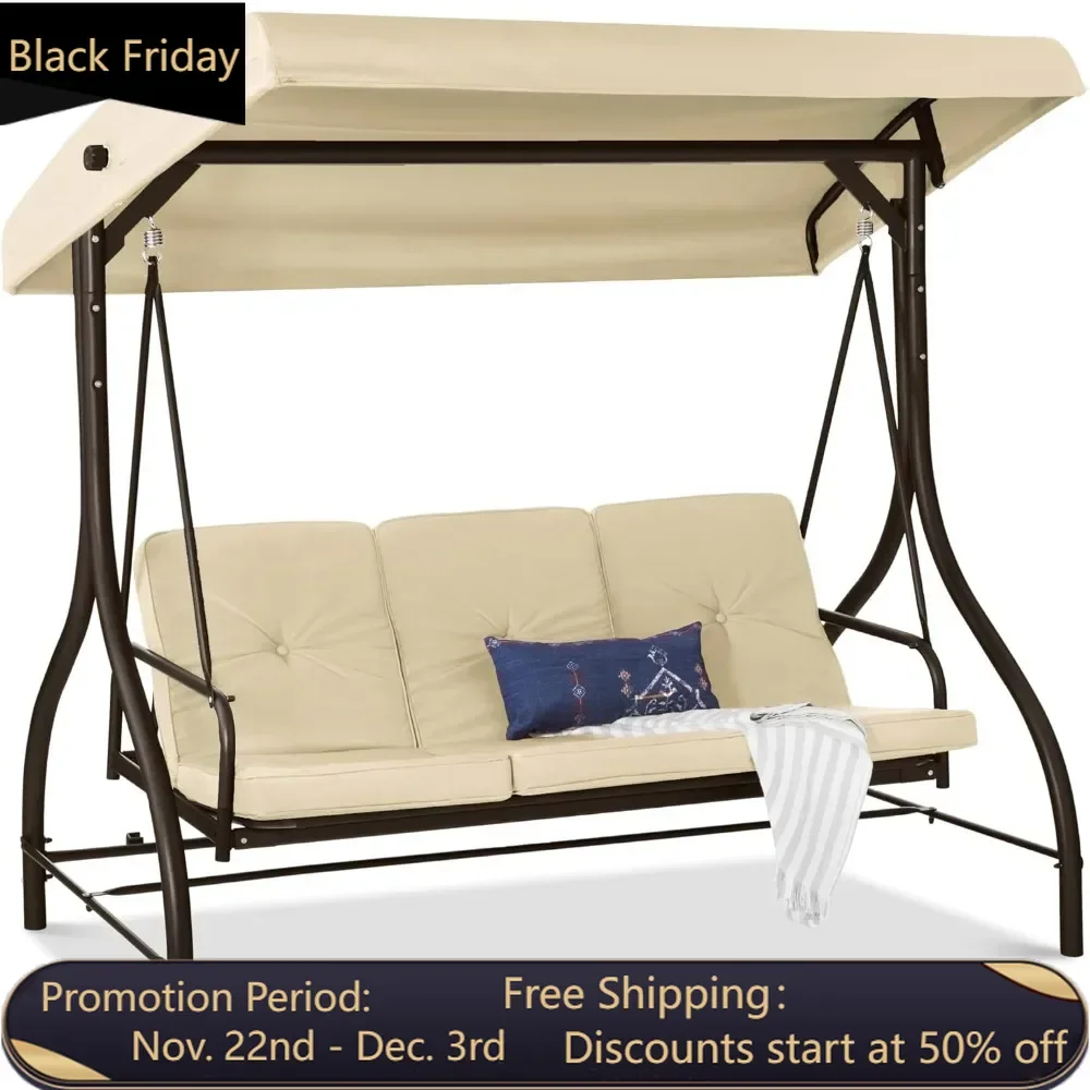 

3 outdoor large convertible roof swings, backyard with flat panels, adjustable sunshades, detachable cushions