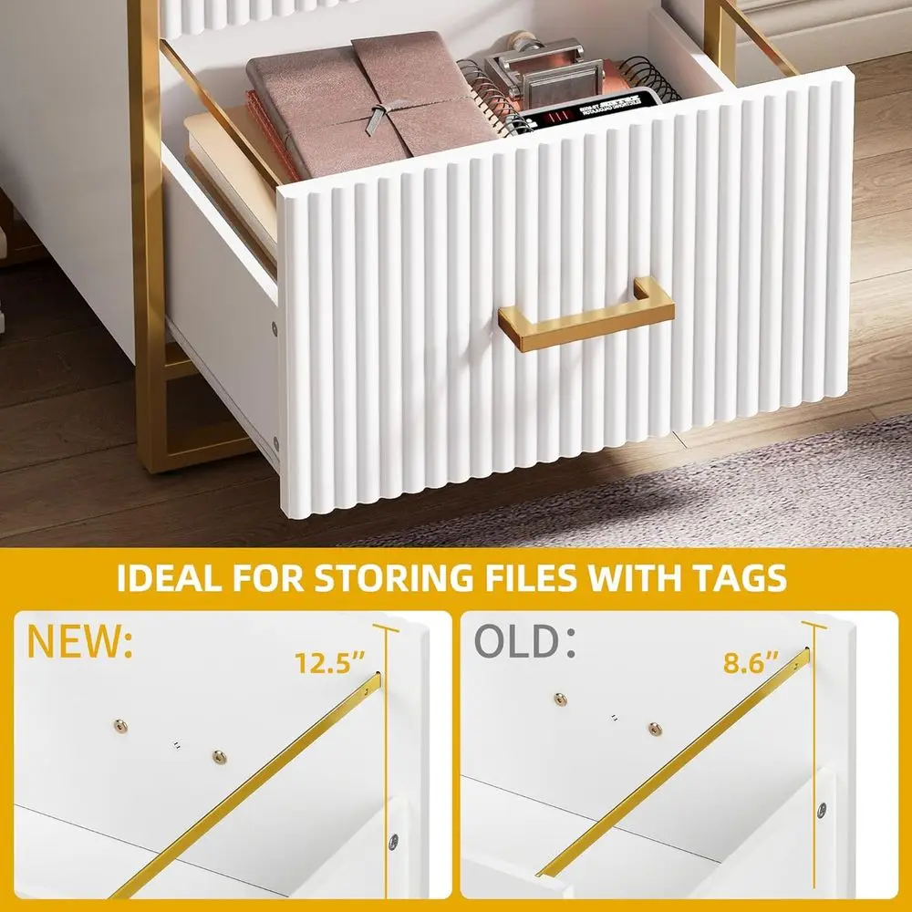 Vertical 2-Drawer Modern File Cabinet with Printer Stand, Home Office Storage in Gold and White