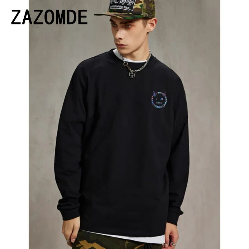 ZAZOMDE 100% Cotton Long Sleeve T-shirt Loose Plus Size Men O-collar Tops Harajuku Hip Hop Tee Casual Streetwear Y2k Clothes