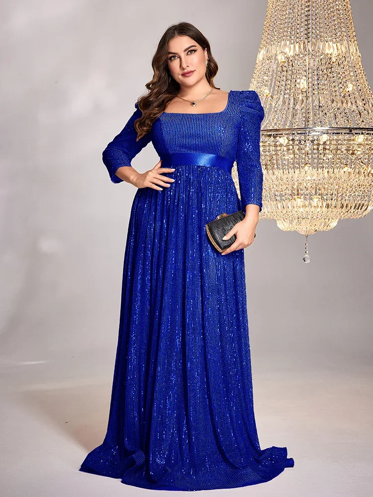 Plus Size 4XL 5XL Square Neck 7-Quarter Sleeves Sequined Loose Floor-Length Long Evening Dress Elegant Festival Evening Dress