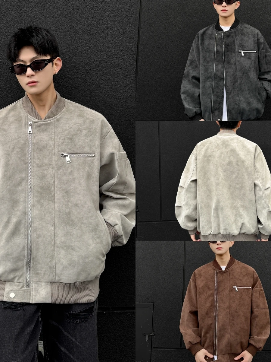 

Retro American Sle Men's ort PU Leather Jaet Motorcycle Clothes Spring Workwear Baseball Sle Outerwear Coat