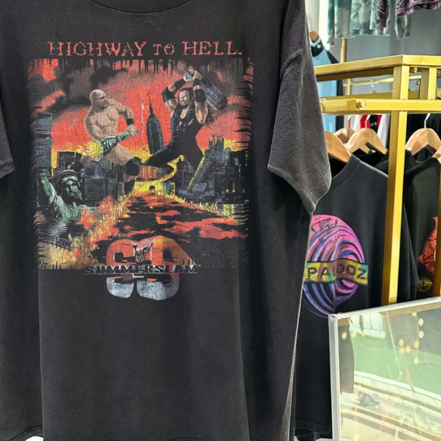 Highway To Hell 1998 Summerslam Stone Cold X Undertaker Vintage Washed T-Shirt Y2K Style Underground Print Loose Retro Summer