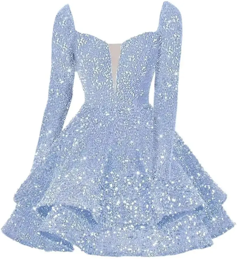 Glitzernde, gestufte, kurze Heimkehrkleider mit Pailletten für Teenager, 2025, lange Ärmel, süßes 16-Abschlussball-Cocktailkleid über dem Knie, Mini