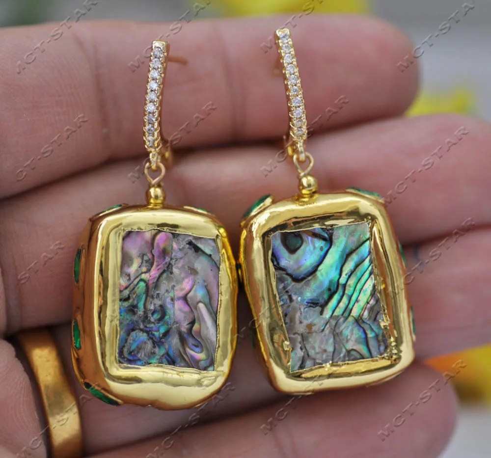 Z13276 Set 27mm Square Peacock Abalone Shell Gold Plating Earring Pendant CZ Custom Jewelry