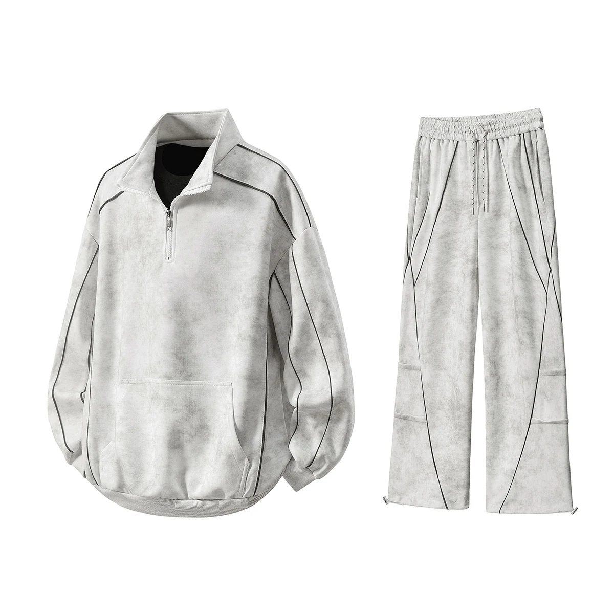 Mens Outdoor Sport Set Stand Collar Pullover Sweatshirt Straight Loose Casual Pants Tie Dye Patchwork Design Athletic Wear