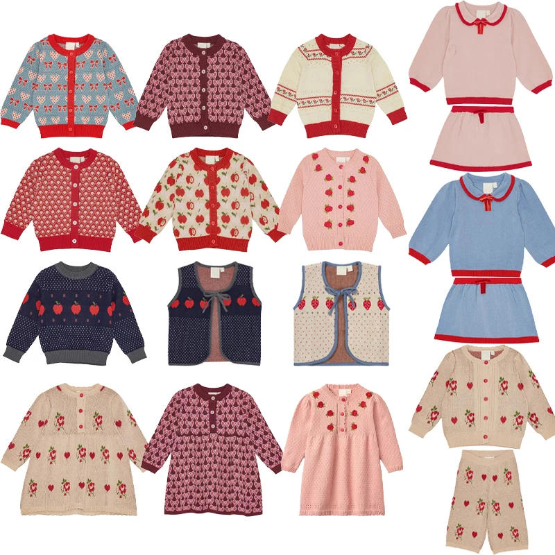 

2025 New Autumn Winter Children's Sweater Set Girls' Embroidered Knitted Jacket Baby Girl Fashion Dress Kids Short Skirt Set