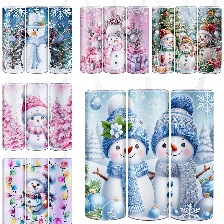 1Pc Straight Bottle Straw Lid 20oz Stainless Hot Cold Insulated Bottle 3D Print Christmas Snowman Party Gift Portable Travel Mug