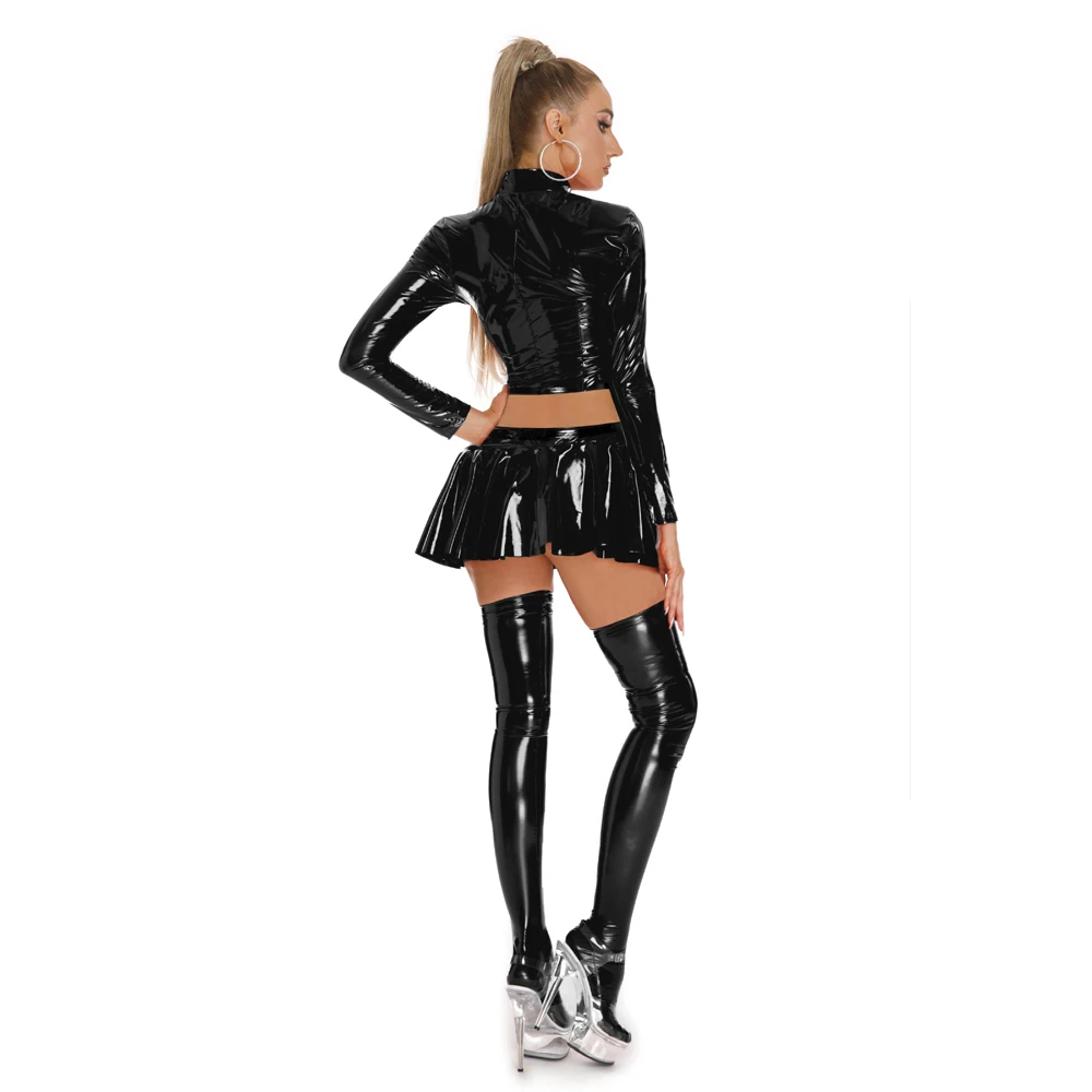 Wet-Look-PVC-Langarm-T-Shirt, Crop-Top, glänzende PU-Lederjacke, kurzes T-Shirt, Cosplay, A-Linien-Rock, Micro-Mini-Röcke, Clubwear – Detail 15