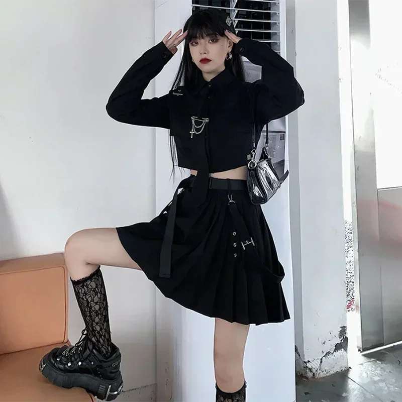 Women Two-Piece Skirt Spring Oversize 4XL Black Punk Chain Ribbon Skirts Ladies Suit Female Dress Sets Harajuku Streetwear