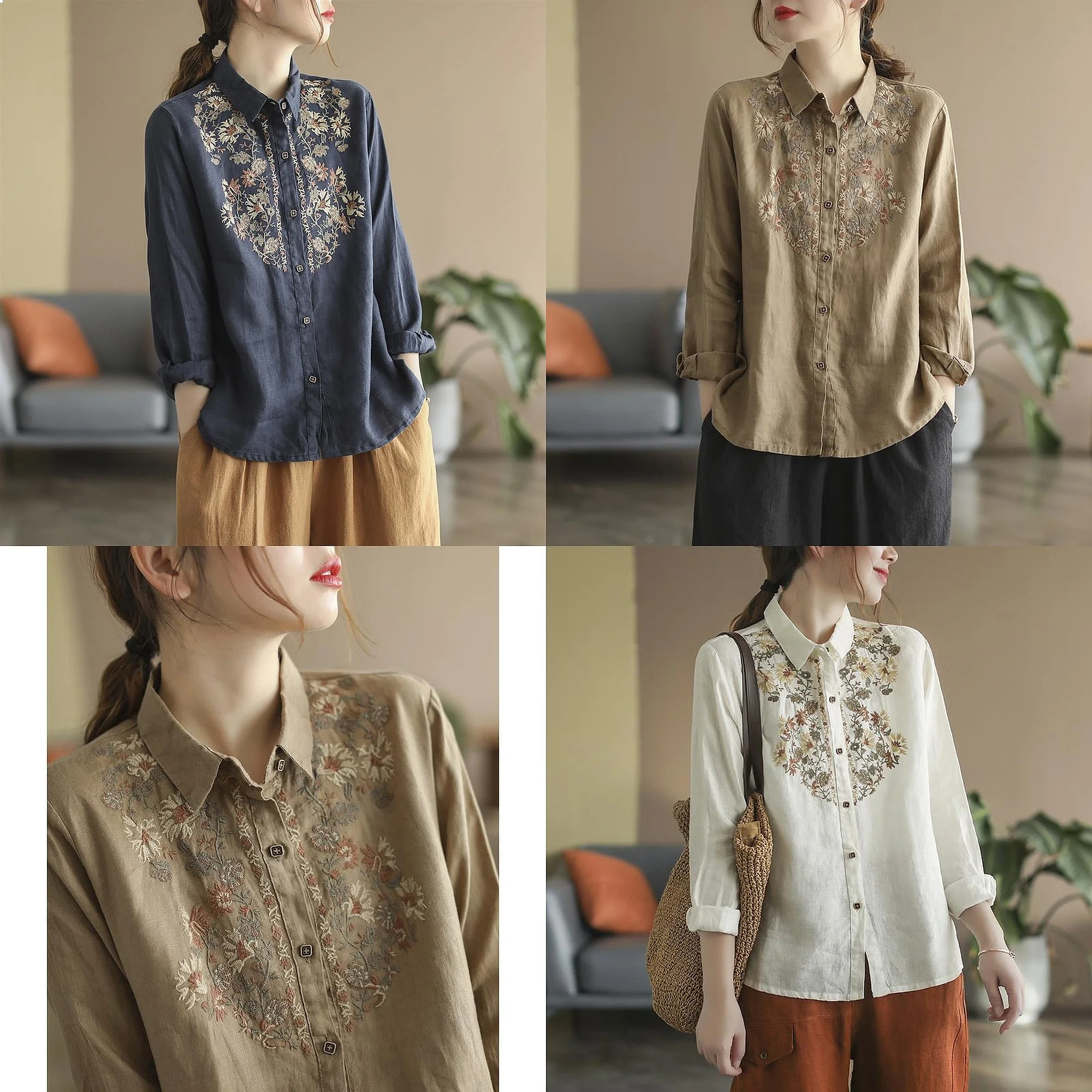 

Women's Cotton and Linen Long Sleeved Embroidered Shirt, Fashionable Loose Fitting Shirt, Spring and Autumn Season, New, 2022