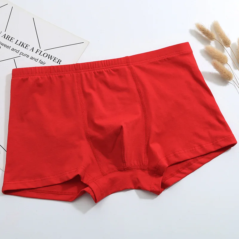 Men\'s Red Boxers Solid Color Mid-Waist Sweat-Absorbing Underwear Cotton Breathable Hip Lift Panties U Convex Pouch Underpants