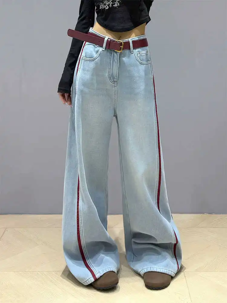 

Blue Baggy Jeans Women Oversized Contrast Color Straight Denim Trousers Korean Fashion High Waist Wide Leg Pants S-3XL