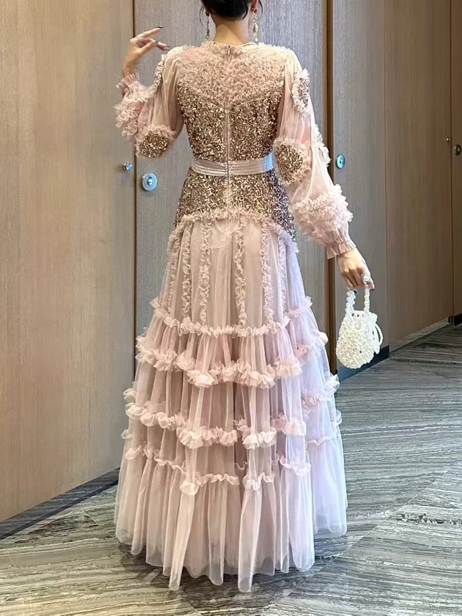 TWOTWINSTYLE Solid Spliced ลูกปัดหรูหราชุดผู้หญิง O คอยาวแขนยาวเอวสูง SHEER Patchwork เชื้อราชุดหญิง