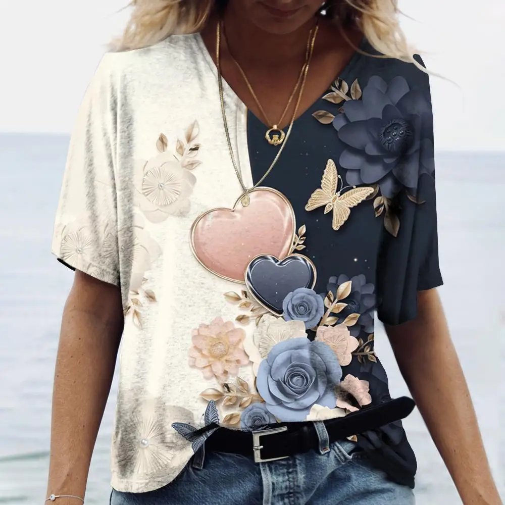 Women V Neck Short Sleeve T-shirt 3D Floral Butterfly Heart Print Gradient Loose Casual Summer Ladies Fashion Graphic Tee