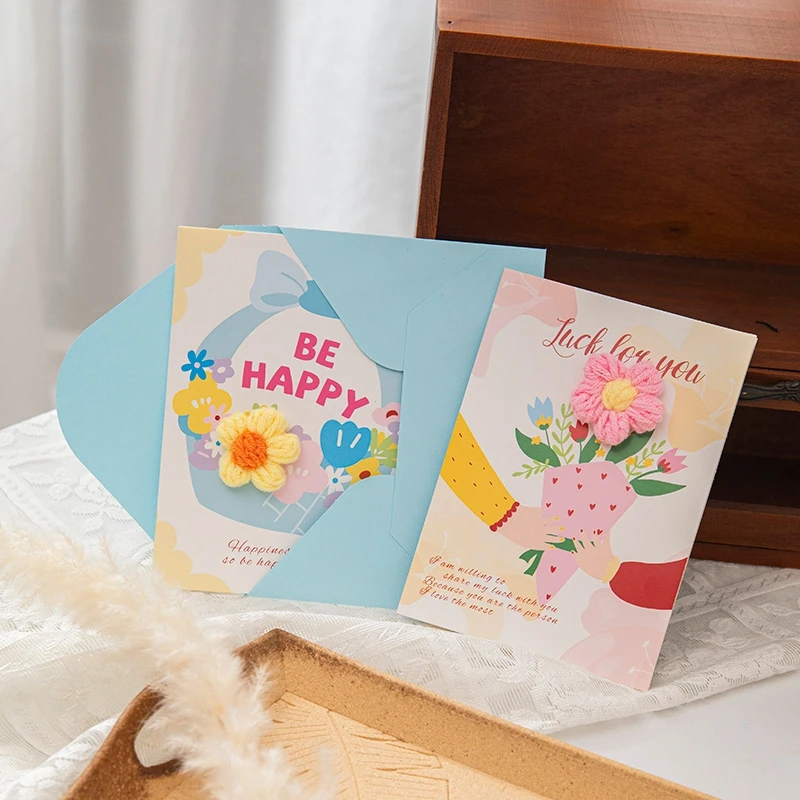 New Decorative Greeting Cards with Crochet Flower Decor Birthday Graduation Creative Postcard Mothers Day Valenties Gifts