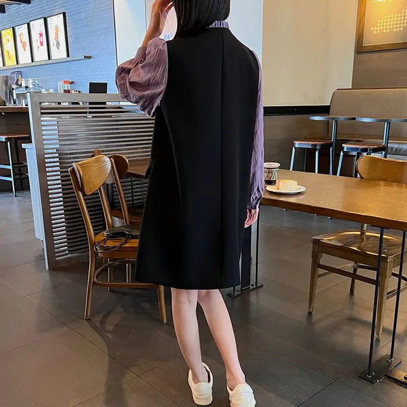 Commute Spliced Loose Straight Dresses Spring Autumn Fake Two Pieces Female Clothing Casual Pockets Double Breasted Midi Dress