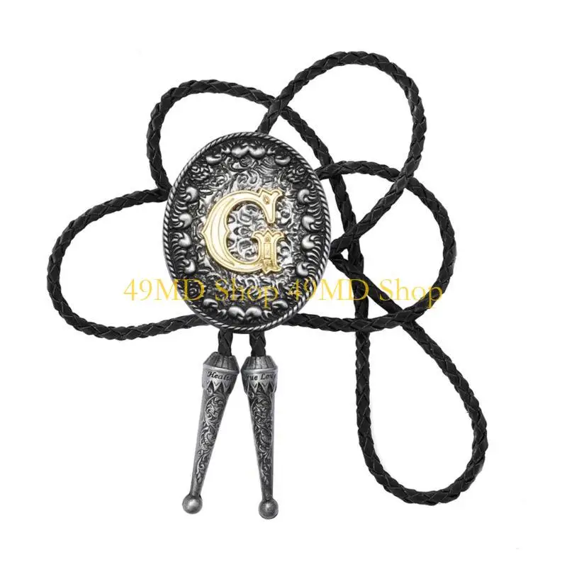 49MD Men's Fashion Leather Bolo Tie with Metal Initial Letter Pendant Western Necktie