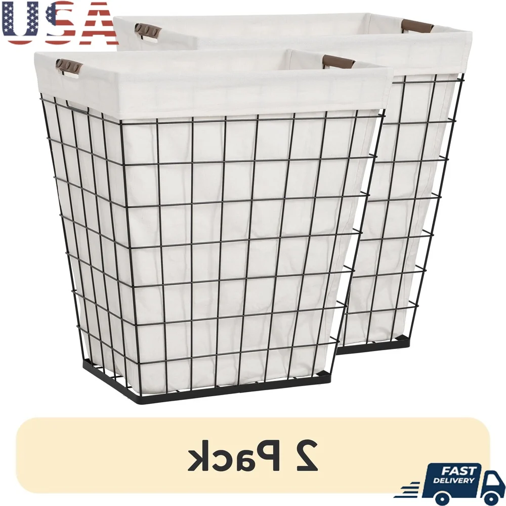 

75L Rectangular Steel Wire Laundry Hamper 2 Pack with Removable Cotton Liner Easy Carry Minimalistic Laundry Basket Home Office